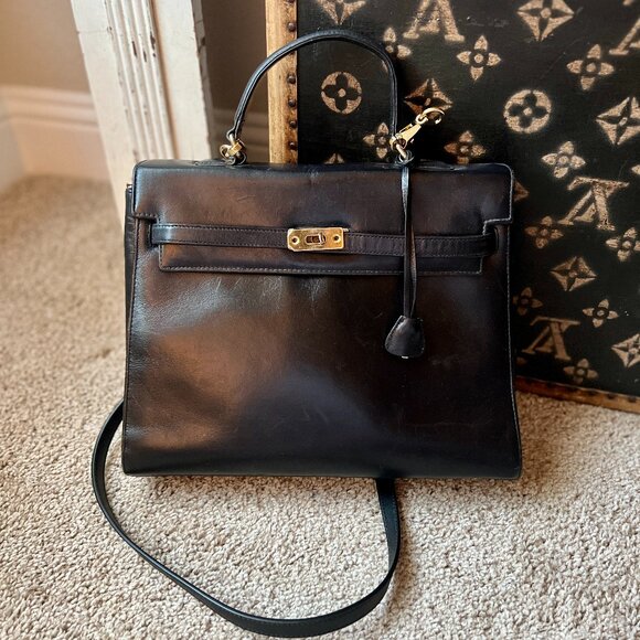 Vintage Handbags - Vintage Black Leather Kelly Bag with Gold Hardware